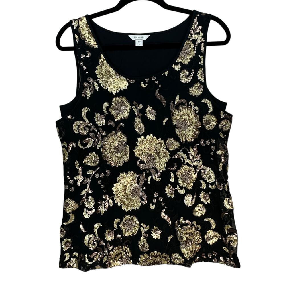 Garnet Hill Tank Top Womens Medium Sequin Mesh Floral Sleeveless Whimsygoth Gold